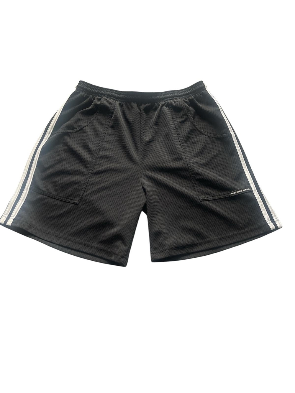 Golds GYM Men's Black Athletic Mesh Shorts with White Side Stripes and Pockets L
